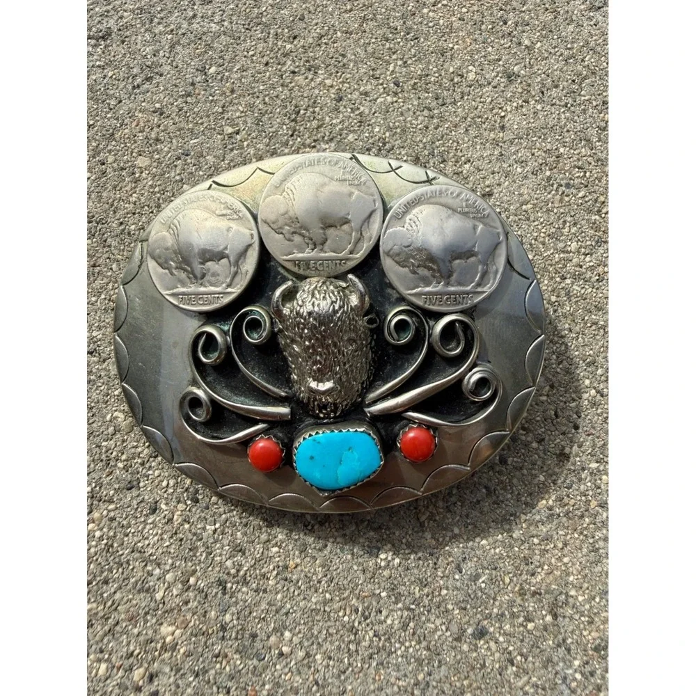 Vintage Buffalo Nickel Belt Buckle Turquoise Coral Southwestern Western Silver